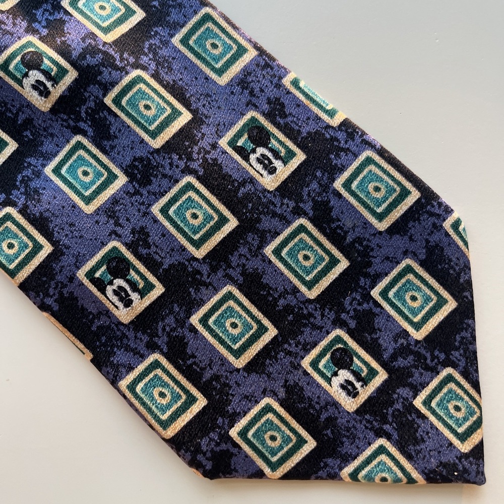 Disney Parks Necktie Walt Disney Worldo Tie 100% Silk Mickey Mouse Green Blue